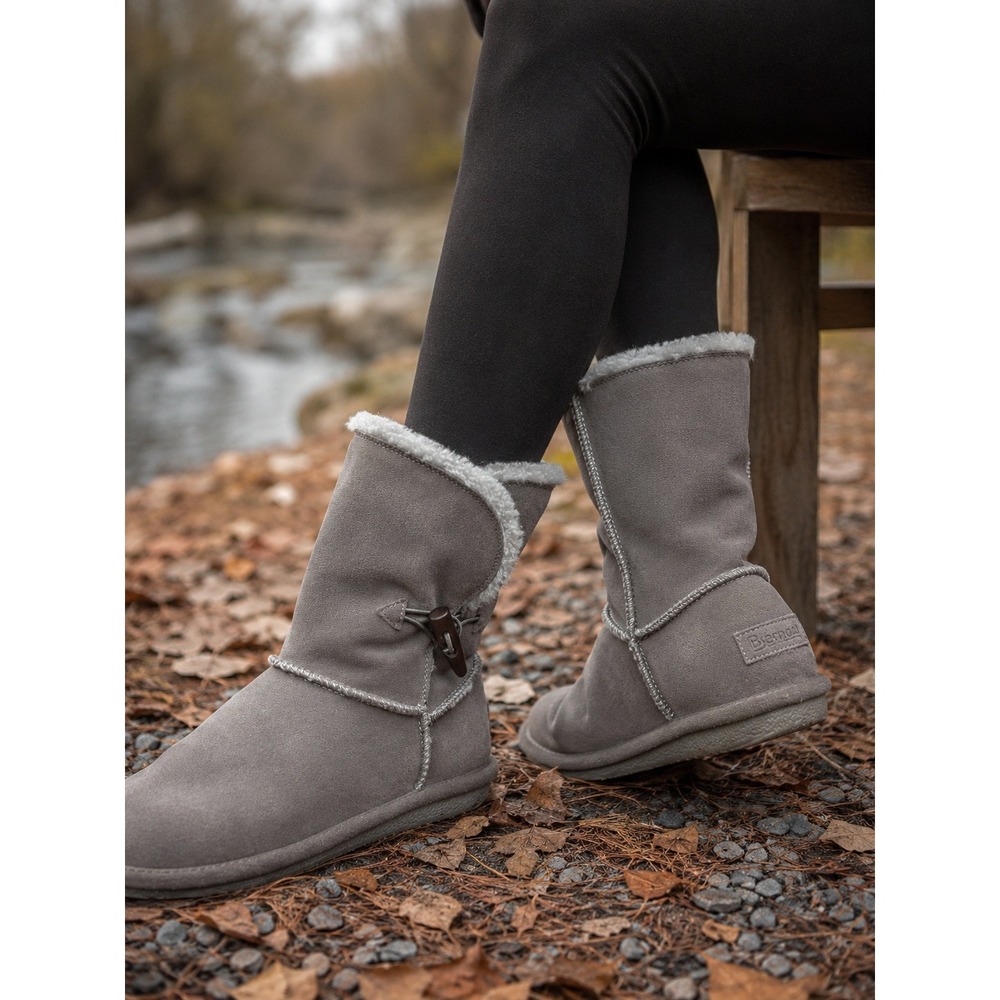 Bjorndal Shearling Style Boots Womens 9 Grey Toggle Button Suede Mid Calf
